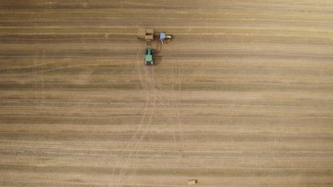 Antena-De-Arriba-Hacia-Abajo-Del-Agricultor-En-Maquinaria-Cosechadora-Cortando-En-El-Campo-De-Trigo-Y-Cargando-En-El-Remolque-Del-Tractor