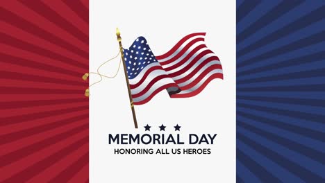 happy memorial day lettering card with usa flag waving in pole