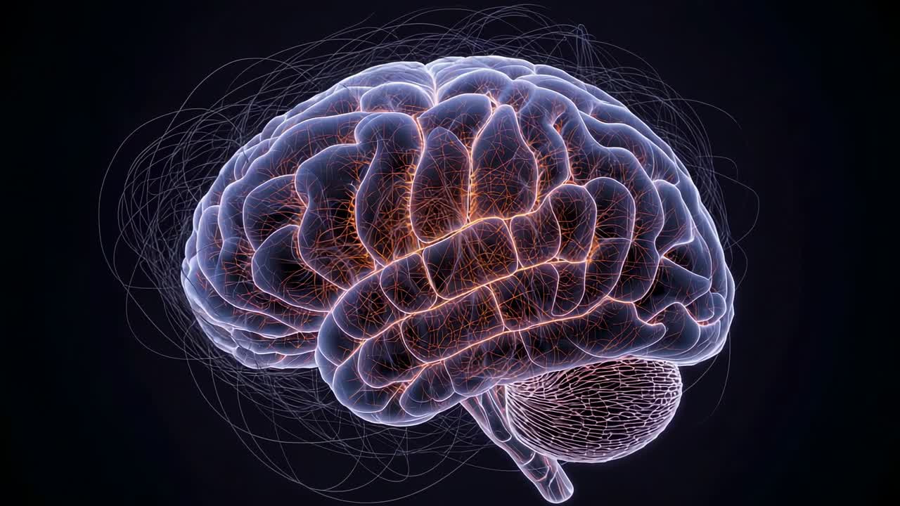 Glowing neural filaments initiating rotating translucent brain showing activity in dark void