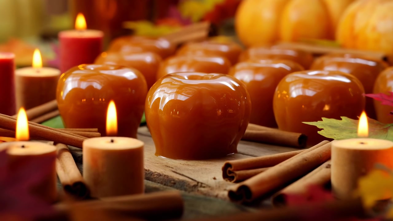 Mele caramellate con candele accese su un tavolo di legno rustico, circondate da bastoncini di cannella e piccole foglie d'acero.