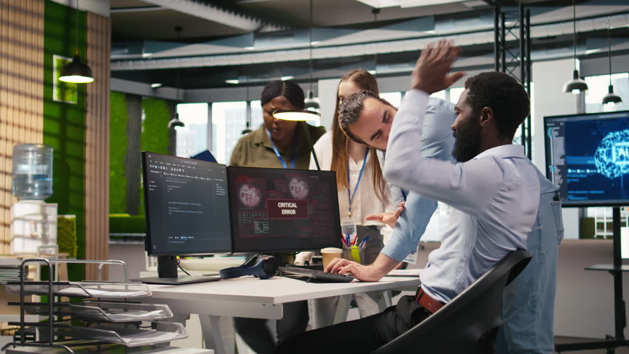 Programmer In Office Requesting Help From Coworkers To Fix Critical Error