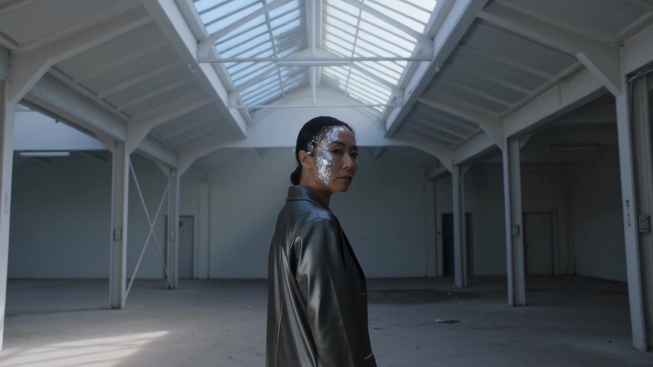 Shifting weight, woman turning under skylight in warehouse, revealing metal suit and silver foil