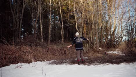 the man is throwing the kindling off to the side of the forest for use as firewood during the winter season in indre fosen, trondelag county, norway - static shot