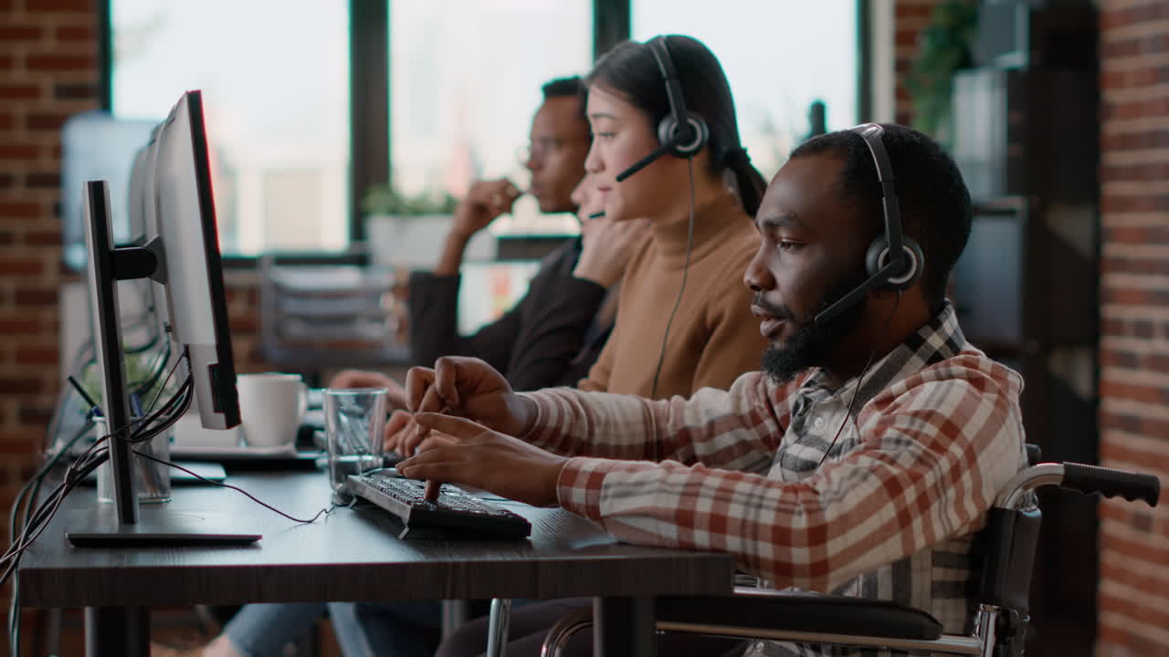 African american employee using headphones to talk to clients