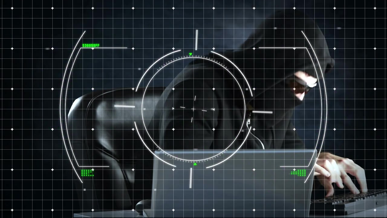Animation of viewfinder, purple shapes and data over caucasian male hacker