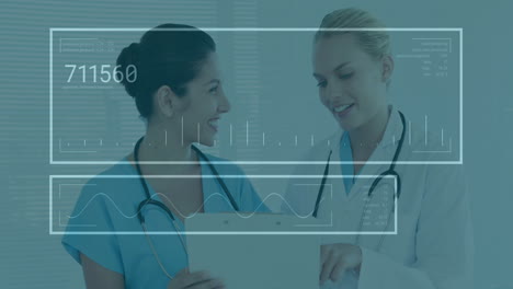 medical data processing animation over two doctors discussing patient information