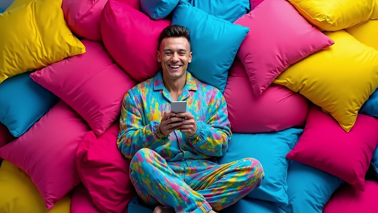 A man sitting on a pile of colorful pillows holding a cell phone