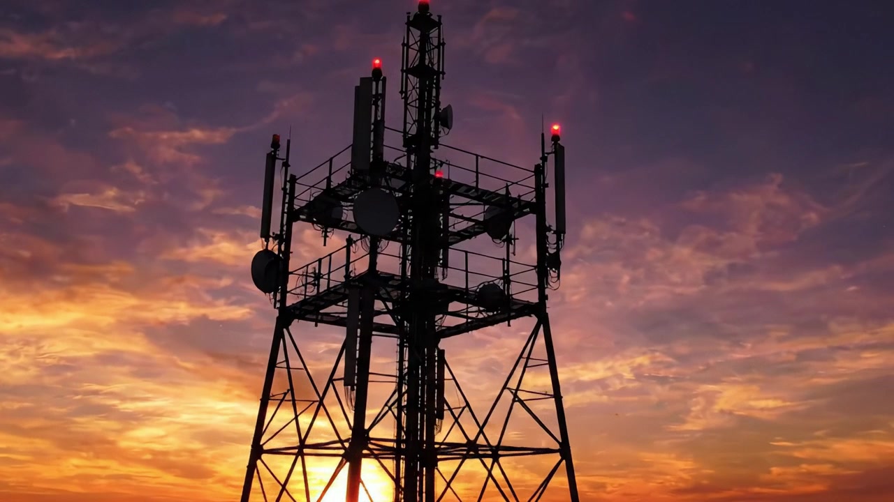 Torre di Comunicazione in Silhouette Contro un Tramonto Maestoso: Uno Spettacolo Mozzafiato di Tecnologia che si Fonde con la Bellezza della Natura al Crepuscolo