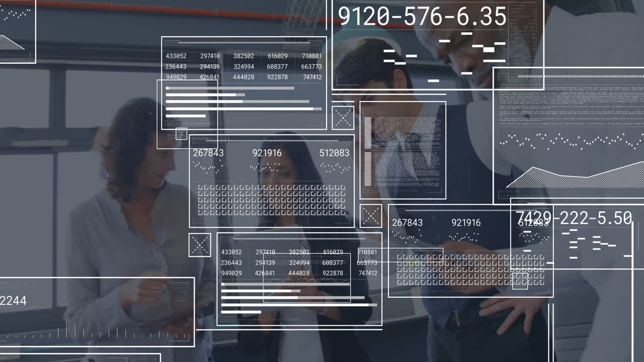 숫자, 로딩 바, 데이터, 그래프, 다양한 동료 분석 보고서와 함께 직사각형의 애니메이션