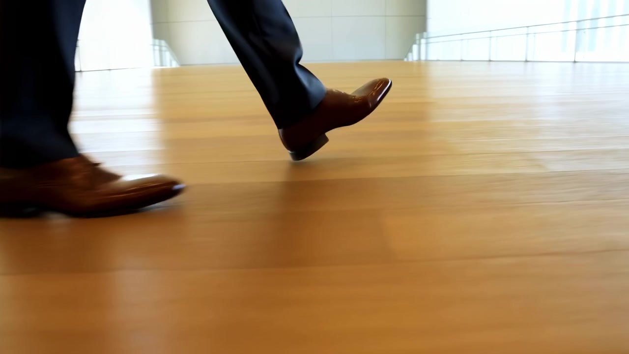 Primo piano sfocato e a bassa angolazione di una scarpa elegante in pelle marrone lucida e della parte inferiore della gamba con pantaloni che si muovono su un pavimento in legno lucido e riflettente in un ambiente luminoso e moderno.