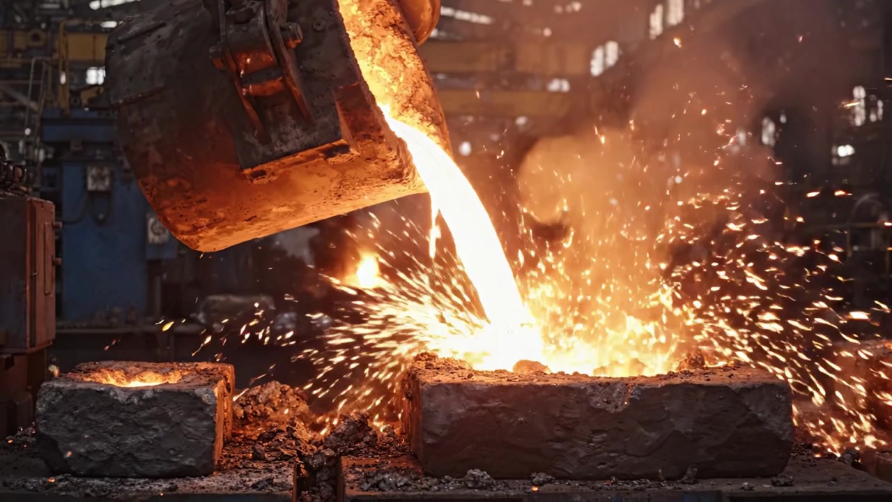 Colata di metallo fuso in un contesto di fonderia industriale: uno sguardo viscerale al processo di fusione durante la lavorazione dei metalli in un ambiente di officina infuocato.