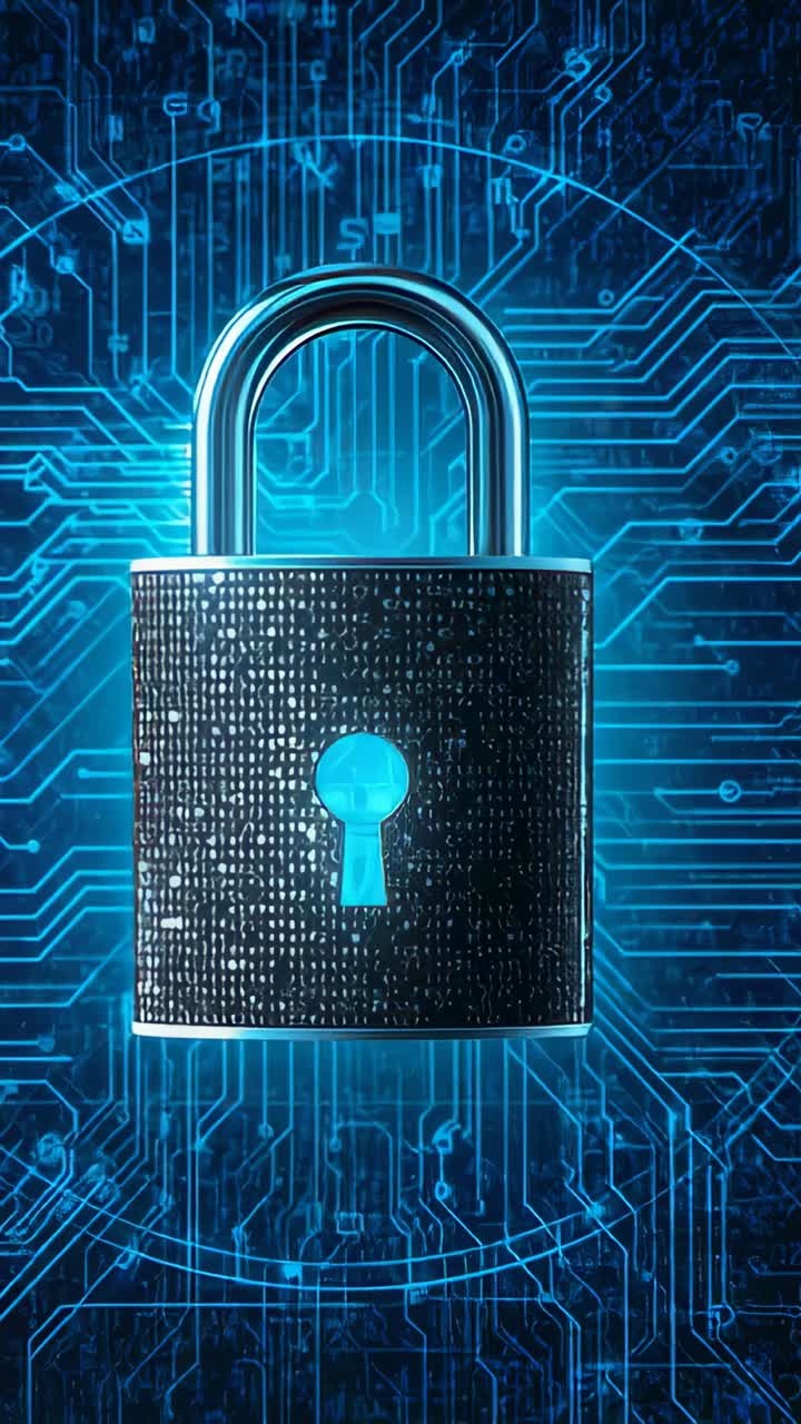 Vertical video: Cyan keyhole lighting lock pulsing and scaling on circuit, marking activation