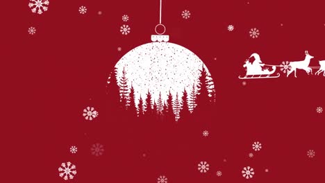 Animation-of-christmas-ball-and-santa-in-sleigh-with-reindeer-on-red-background