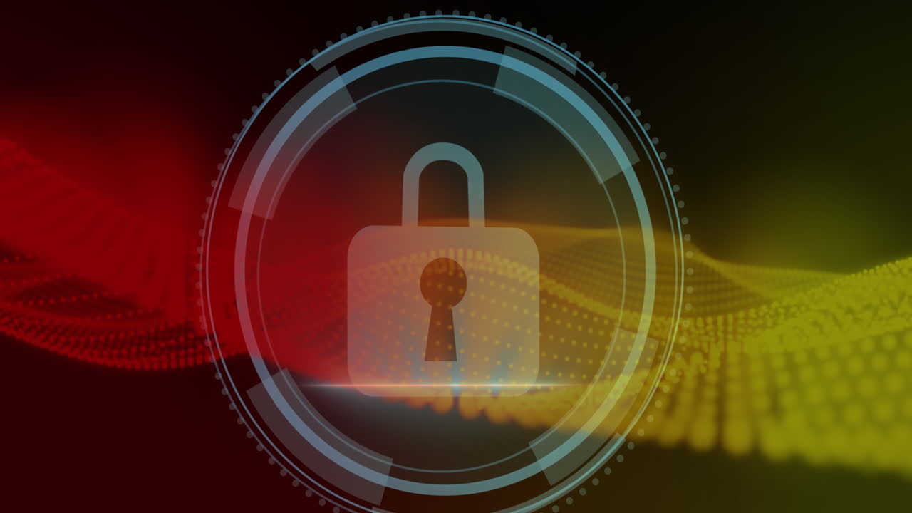 animación del candado en círculos de carga con ondas dinámicas sobre fondo negro