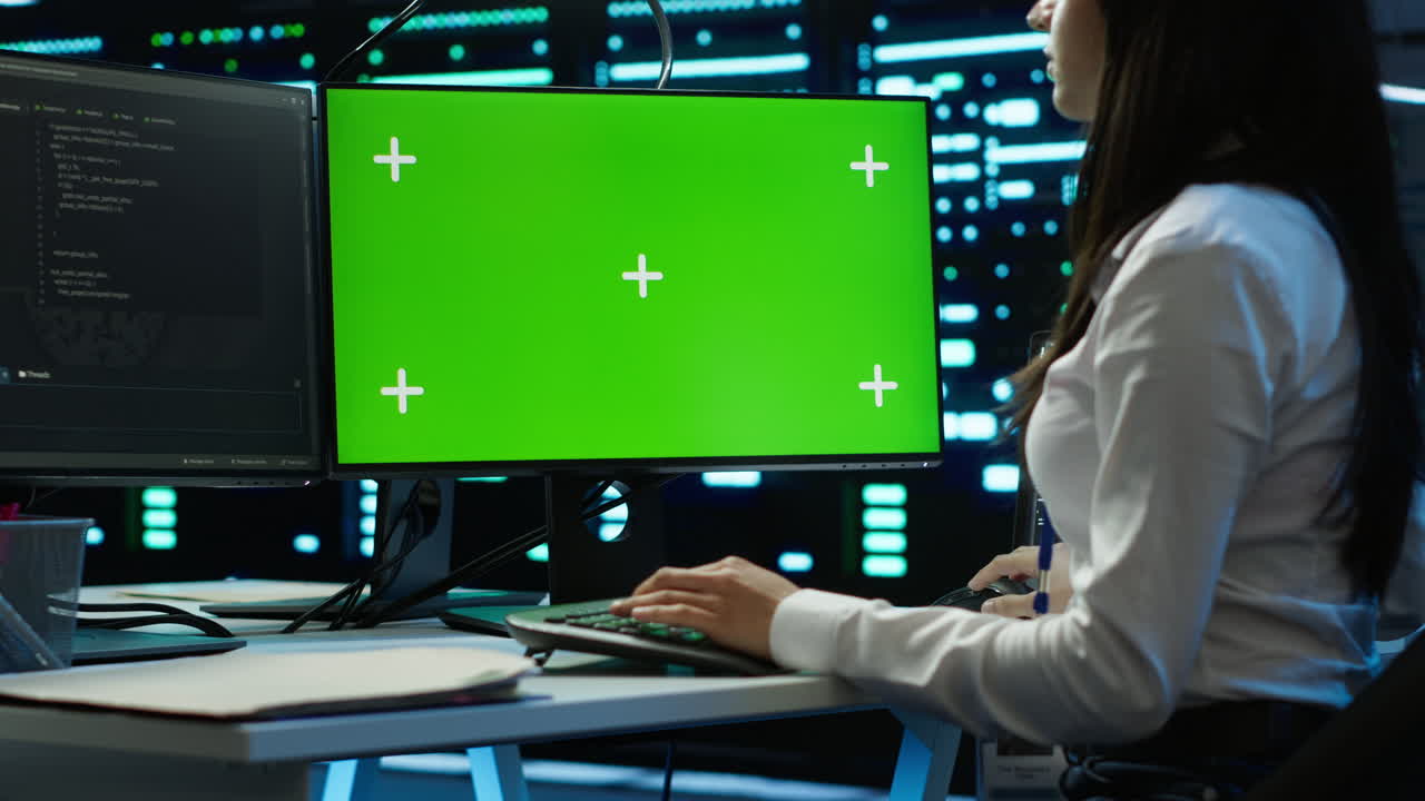 administrador del sistema que supervisa el centro de datos utilizando una computadora de pantalla verde