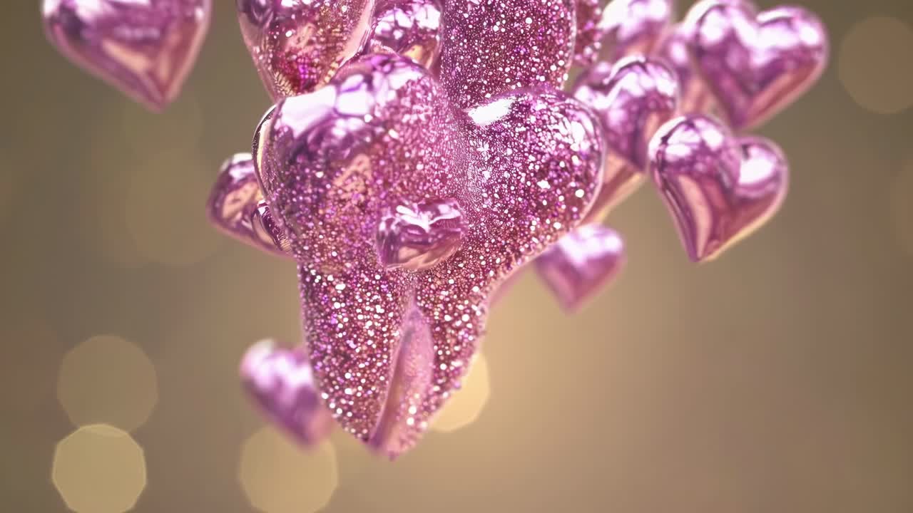 Glittering pink hearts cascade gracefully in a shimmering background, creating a mesmerizing visual flow of love and celebration in motion