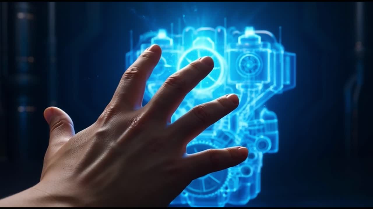 Human Hand Interacting with Futuristic Holographic Engine Blueprint