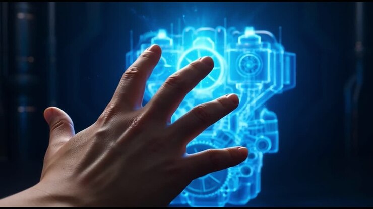 Mano umana con progetto olografico futuristico di motore