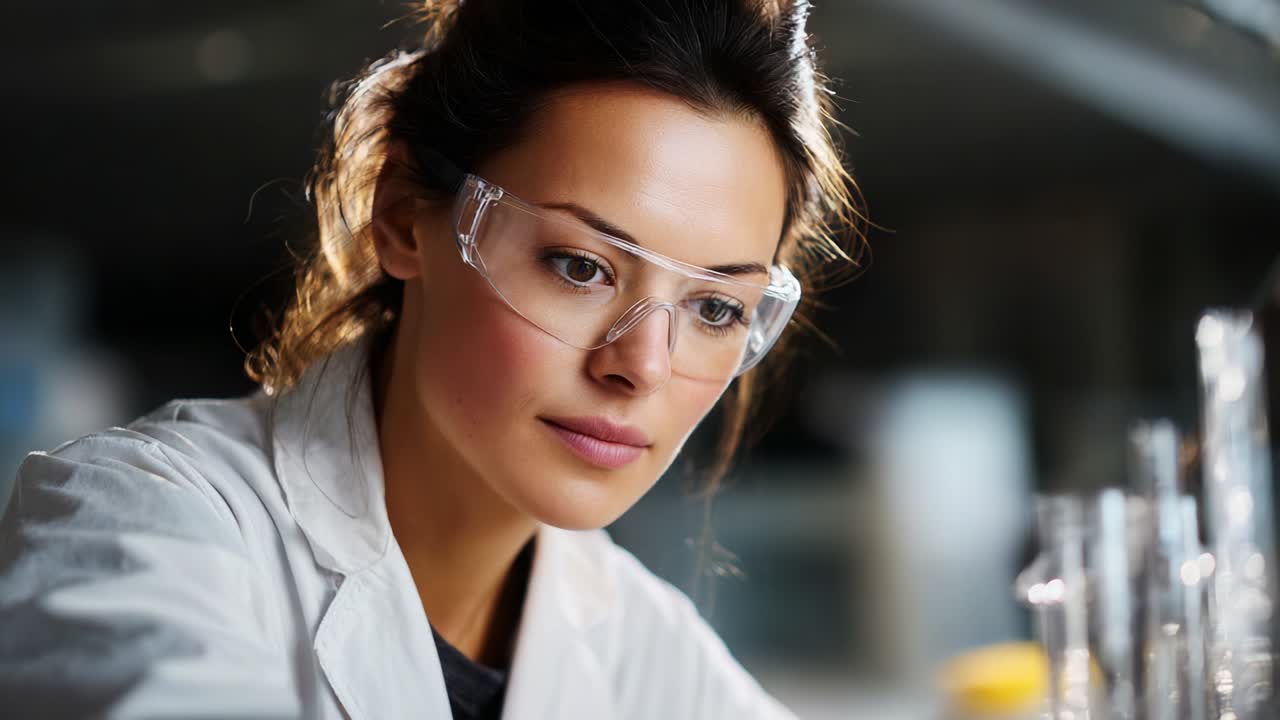 Um cientista concentrado, usando óculos de proteção e um jaleco branco de laboratório, se dedica diligentemente à experimentação científica, cercado por vidrarias e instrumentos em uma moderna instalação de pesquisa