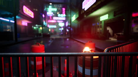 a dark and grungy neon-lit city street