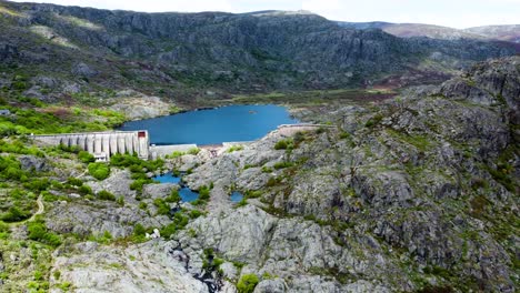 Rio tera canyon and dam in zamora spain, drone dolly push in panoramic