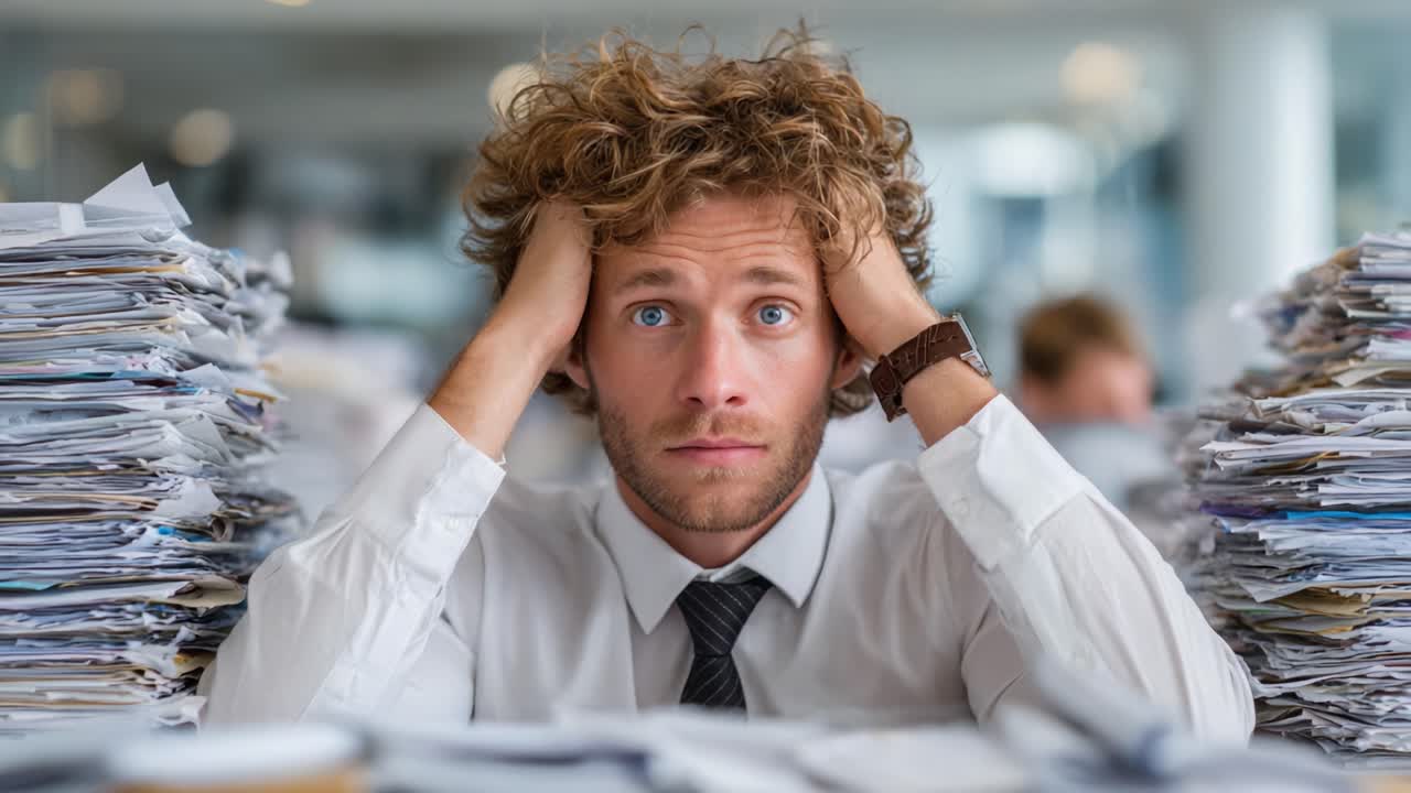 A Stressed Office Worker Surrounded by High Stacks of Paperwork, Capturing the Pressure of a Busy Work Environment and Overwhelming Workload Challenges