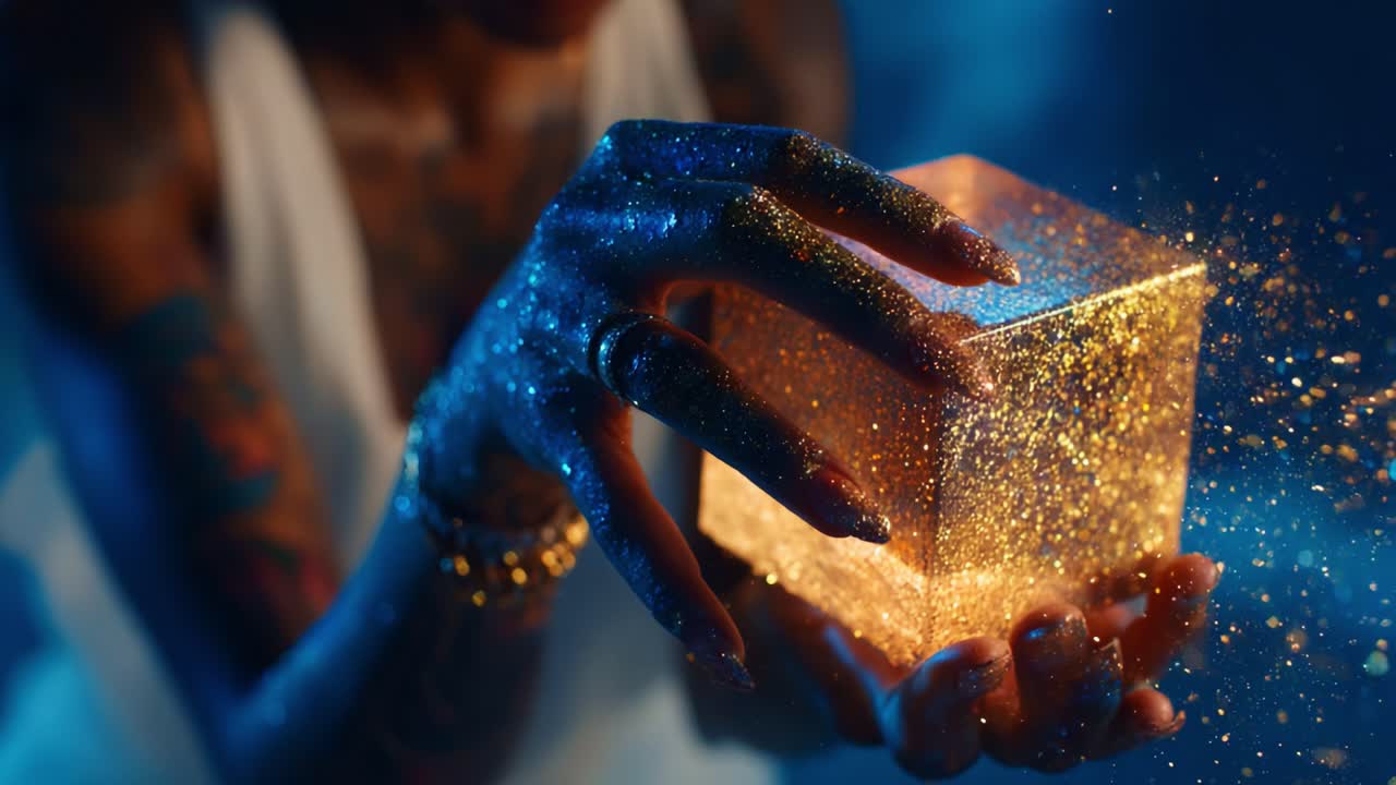 A Mesmerizing Glimpse of Enchantment: A Person Holds a Shimmering Golden Cube, Sparkling with Glitter and Infused with a Magical Aura Glowing in a Dreamy Atmosphere
