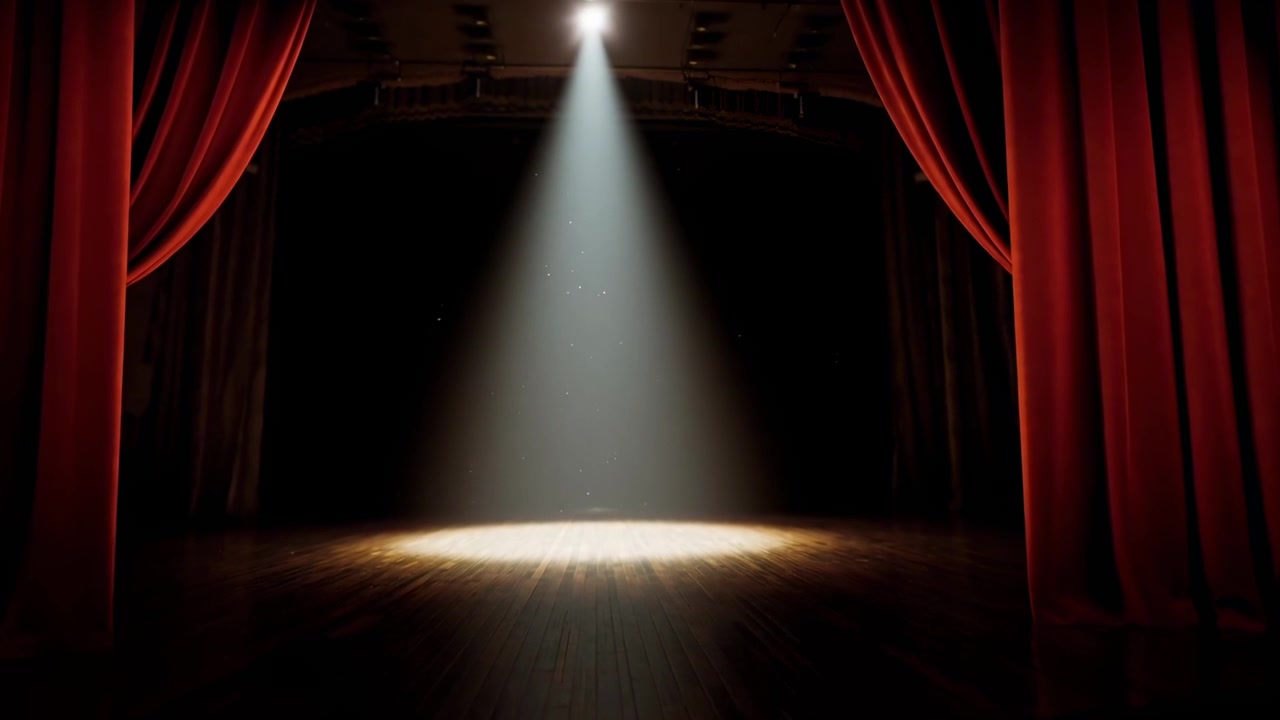 Riflettore drammatico su palco vuoto con tende di velluto rosso