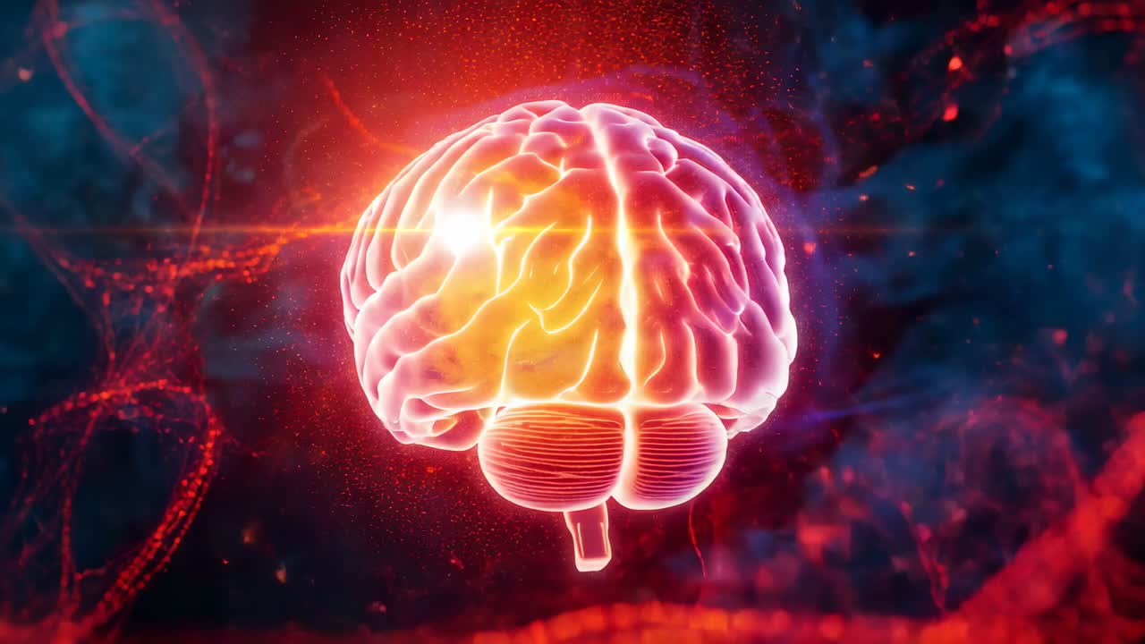 Animation showing glowing 3D brain rotating left-right with drifting fibers, showing neural flow