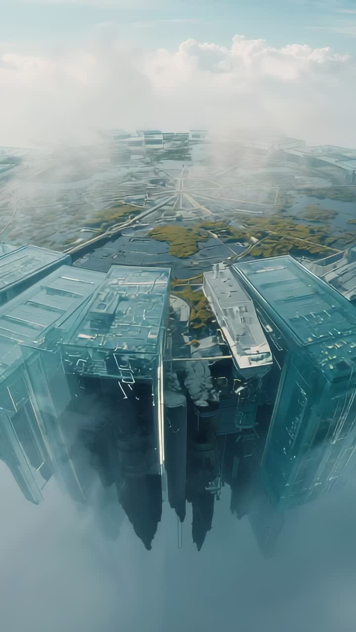Vertical video: Pulling back drone revealing circular platform over clouds, showing hub and spires