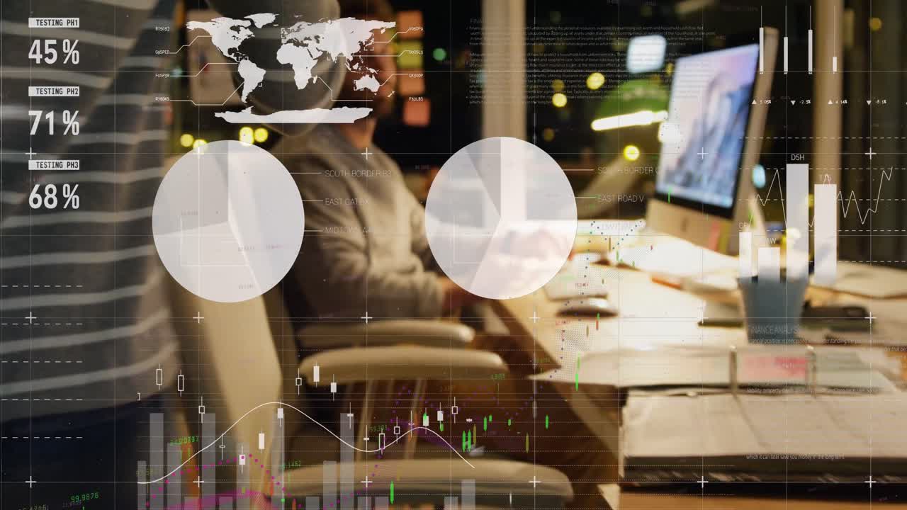 Animation of statistics and financial data processing over caucasian businessman in office