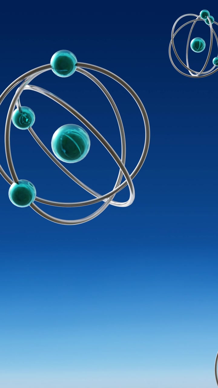 Animasjon av atommodeller som spinner på blå bakgrunn