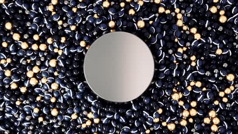 abstract 3d render of black, gold, and blue spheres with empty space