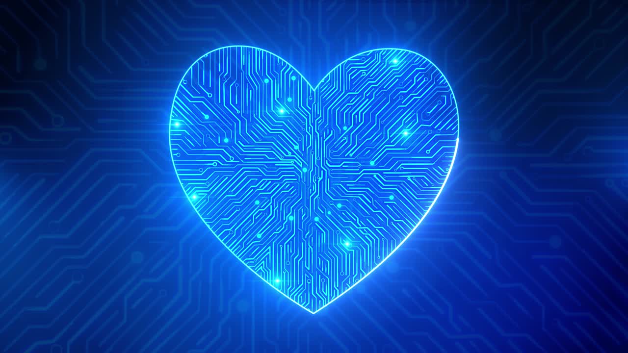 Abstract digital heart global technology loop background blue circuit board pattern microchip power
