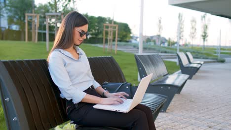 business woman is sitting on bench outdoors and using lap top for working out office