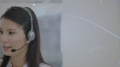 Animation-of-networks-of-connections-over-businesswoman-using-phone-headsets