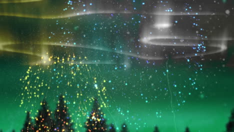animation of green and yellow aurora borealis lights and fireworks over fir trees