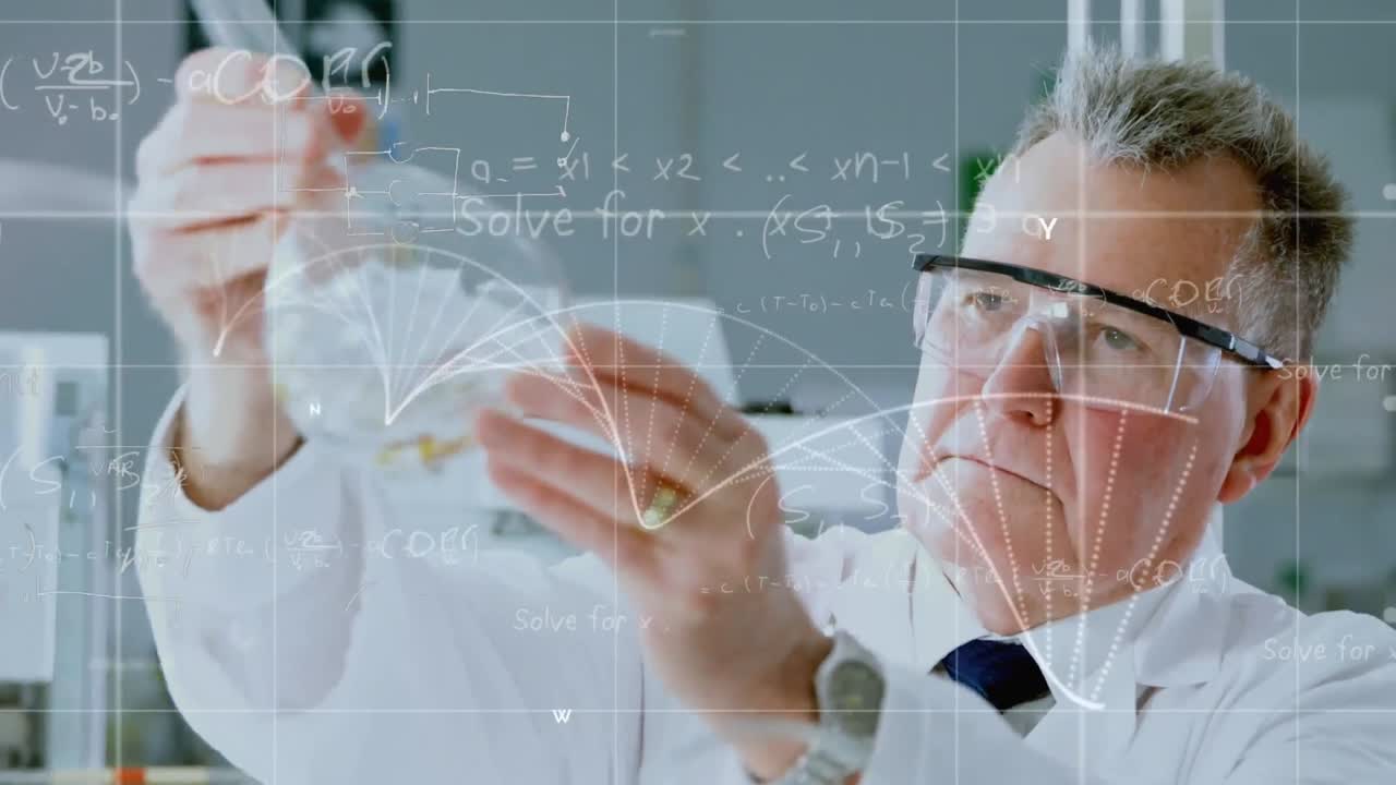 데이터 프로세싱 및 dna 구조의 애니메이션 - 연구실에서 일하는 백인 남성 과학자