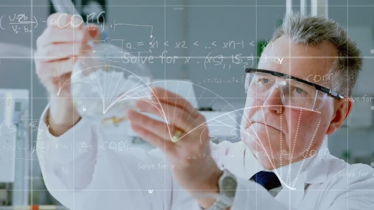 Animation von Datenverarbeitung und DNA-Struktur über einem im Labor arbeitenden kaukasischen Wissenschaftler.