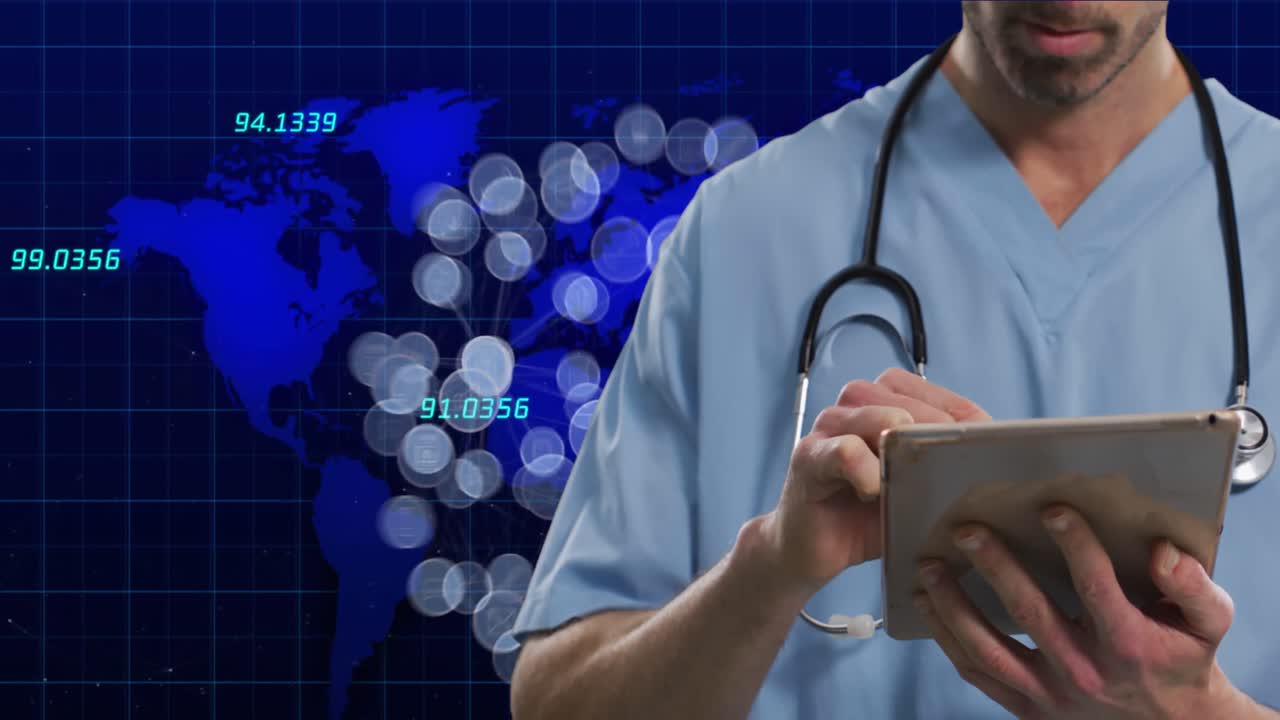 animación de un médico caucásico usando una tableta sobre el mapa del mundo