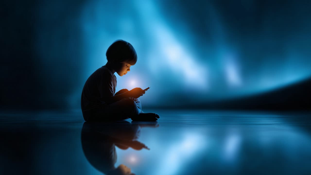 Un bambino piccolo assorto nell'uso di uno smartphone, illuminato da uno schermo luminoso in un ambiente sereno e buio, che mette in mostra l'incantevole combinazione di luce e ombra