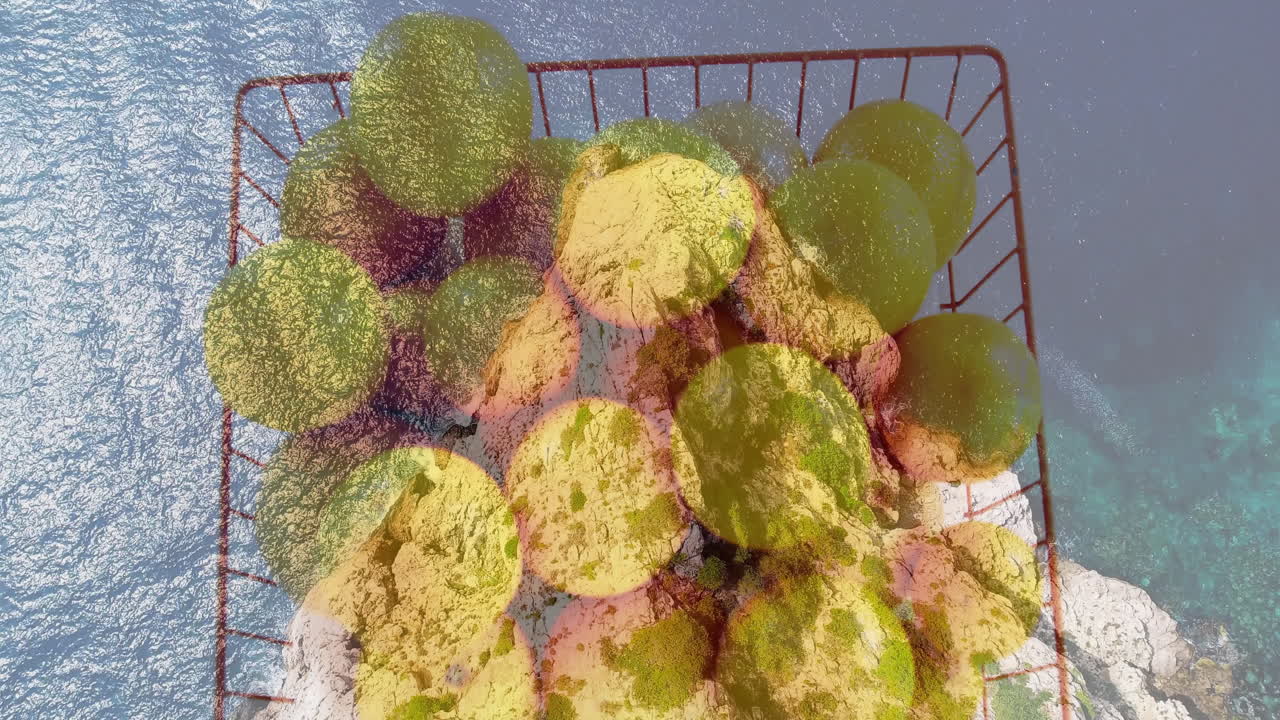 Green and yellow spheres in wire basket over ocean waves animation