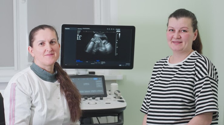 Portrait of female lab technician and pregnant patient smiling, both facing clinic entrance door after their session, showing satisfaction and positivity in medical consultation environment