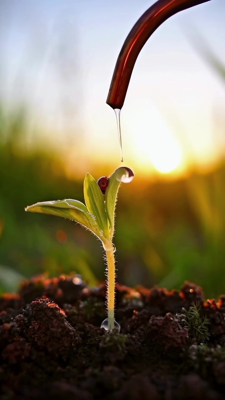 Slow Motion Water Drops Falling on Young Plant Sprout at Sunset
