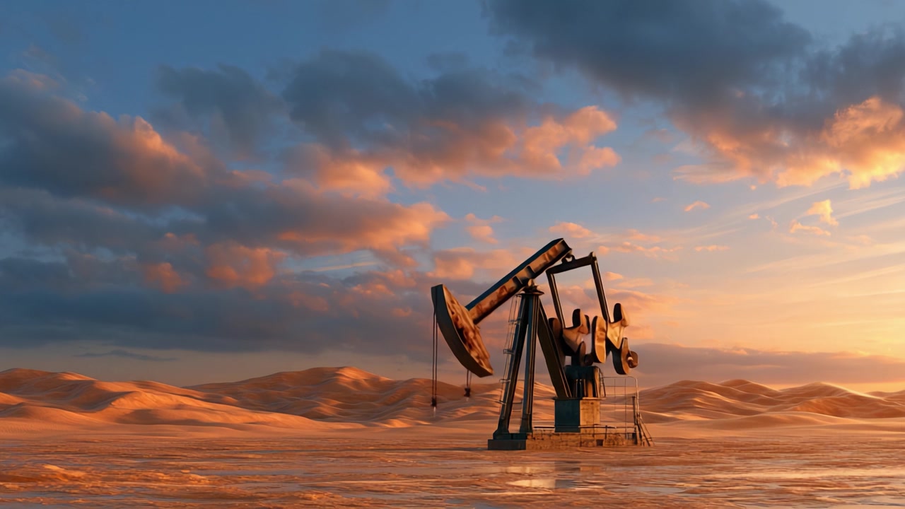 A solitary oil pumpjack stands against a breathtaking desert sunset, showcasing the industrial beauty of energy extraction in a serene and vast landscape.