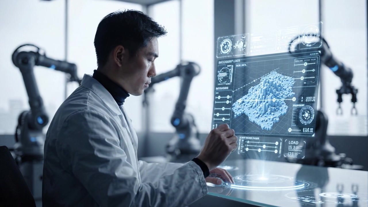 A Scientist in a Lab Analyzes 3D Data Utilizing Advanced Holographic Technology Surrounded by Robotic Arms and Sophisticated Equipment for Innovative Research
