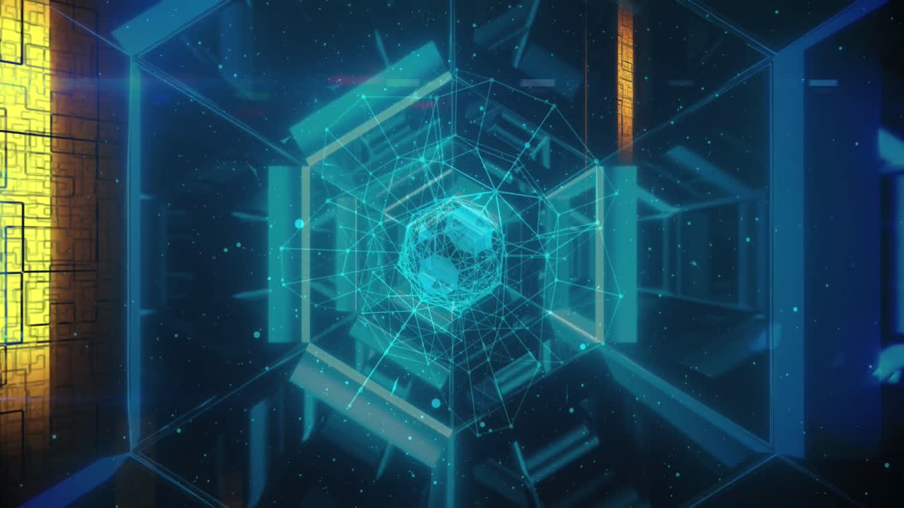 반이는 육각형 터널 위에 빛의 흔적과 회전하는 지구의 애니메이션이 원활한 패턴으로