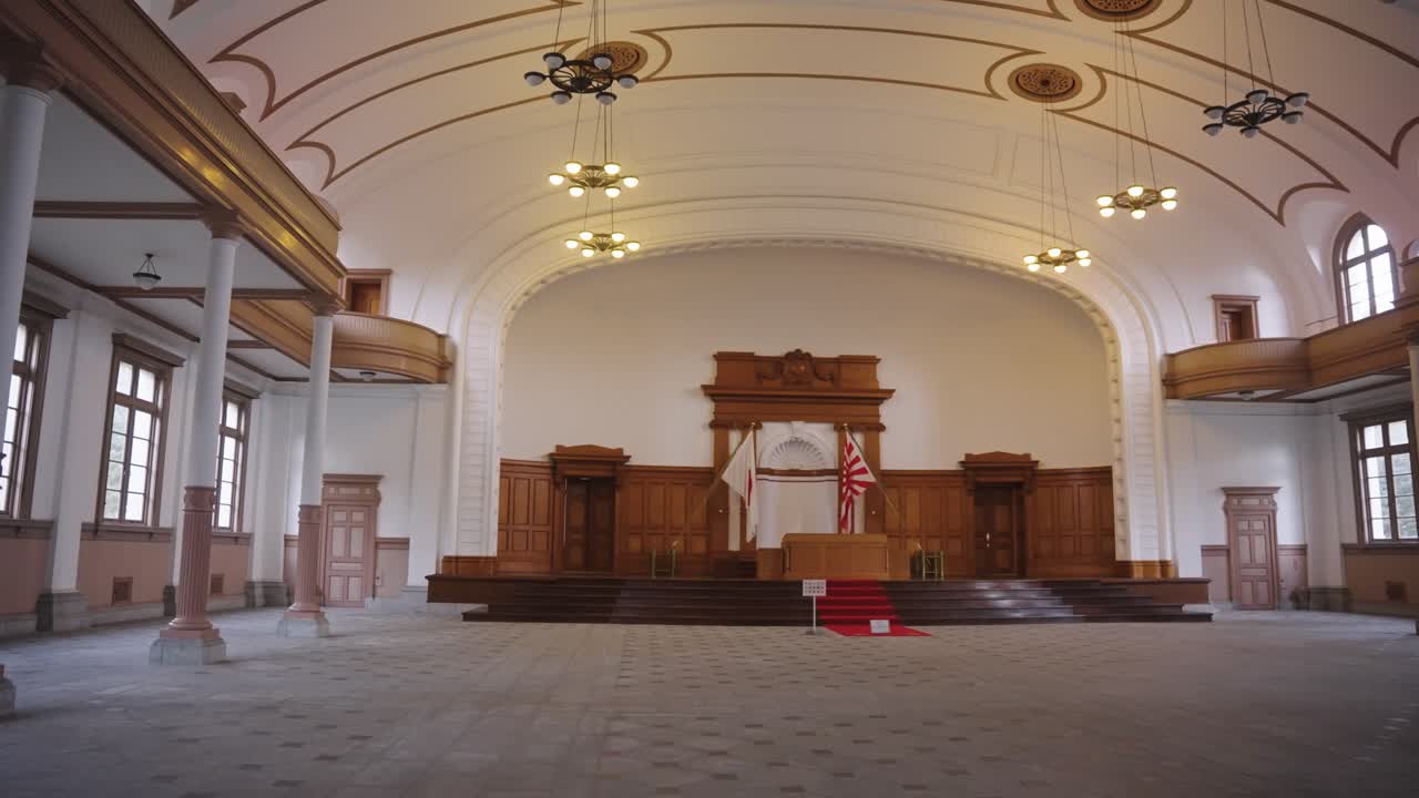 Lights Come on in Etajima Naval Academy Ceremonial Hall, Hiroshima Japan