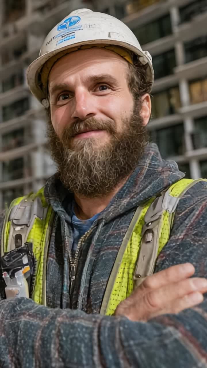 A confident construction worker with a beard wearing a hard hat and safety gear, showcasing dedication and professionalism in the construction industry