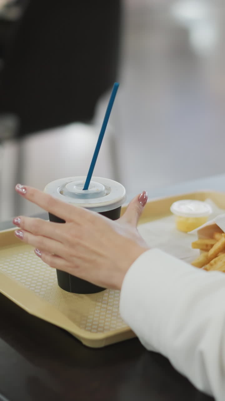 mano insertando paja en la taza de café colocada en la bandeja lo toma, con papas fritas cubiertas, colocado en la mesa en un entorno de comedor casual con sillas y fondo borroso suave